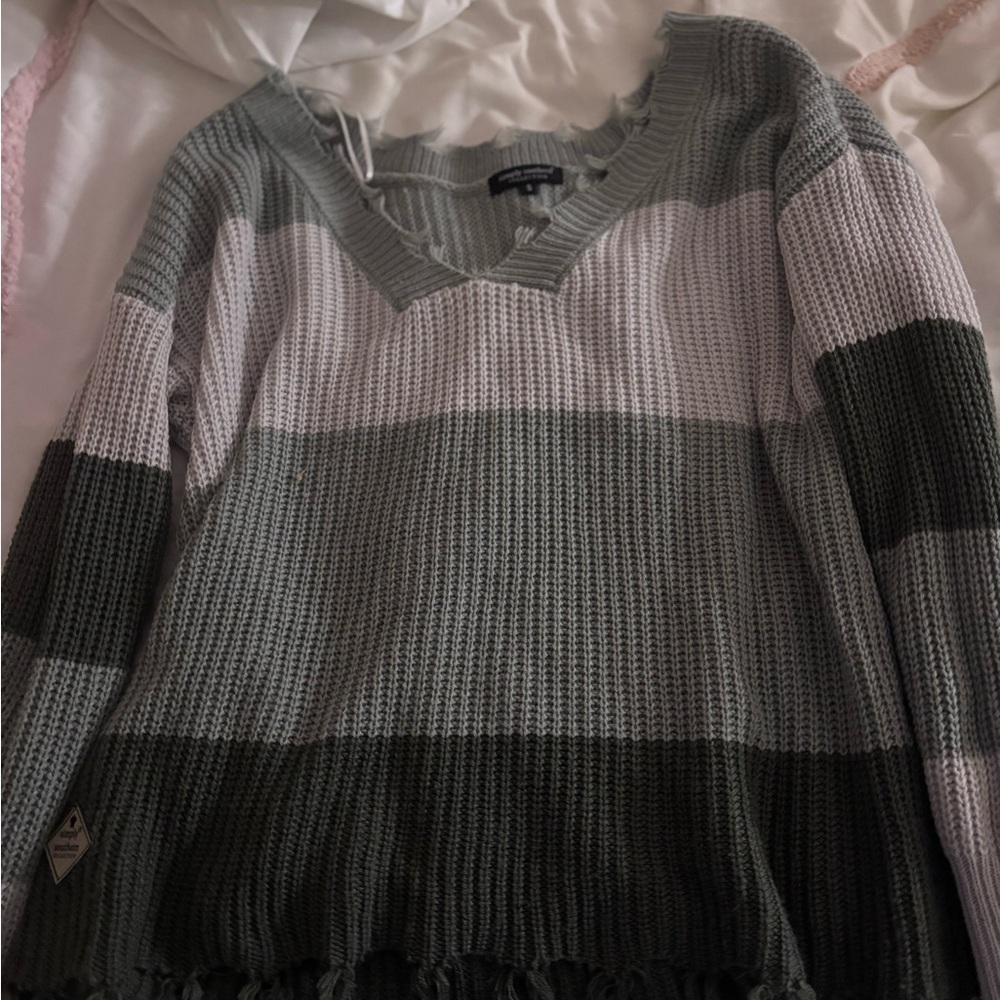 Simply Southern Olive and Gray V-Neck Sweater